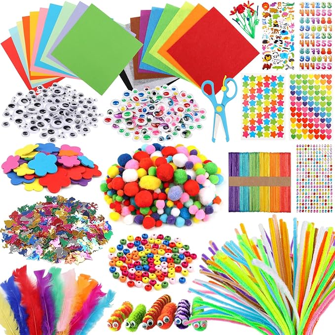 DOITEM Pipe Cleaners Craft Supplies, 1500+Pcs Arts and Crafts Supplies Including Pipe Cleaner Wiggle Googly Eyes Pom Poms Feathers Sticks Sequins Foam Flowers Papers Felt Stickers