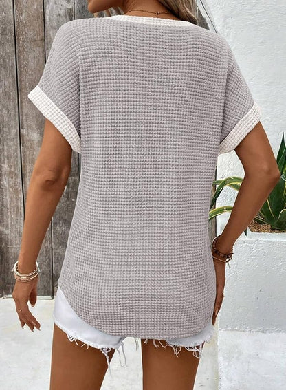 Dokotoo Womens Waffle Knit Tops 2026 Spring Summer V Neck Shirts Casual Trendy Women's Blouses Basic Tee