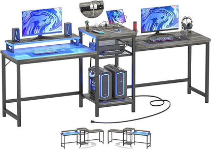 Unikito Two Person Desk with LED Light and Power Outlet, Double Computer Desks with Monitor Stand and Printer Stand, Double Gaming Computer Desk, Long Gaming Desk, Home Office Work Desk, Black Oak