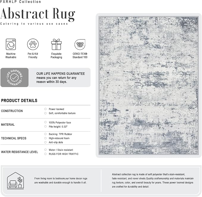 5x8 Area Rug Living Room Rug: Washable Modern Abstract Soft Thin Rug Indoor Floor No Slip Carpet for Bedroom Dining Room Farmhouse Nursery Home Office - Blue Grey