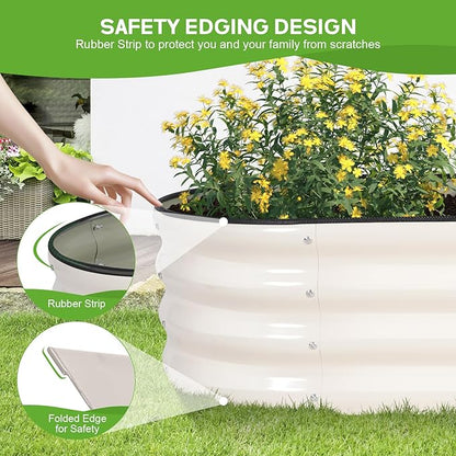 Galvanized Raised Garden Bed Outdoor - 4×2×1ft Planter Raised Beds for Gardening | Oval Metal Garden Planter Box with Safety Edging and Gloves for Vegetables Fruits and Flowers - White