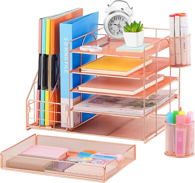 Marbrasse Rose Gold Desk Organizer with File Holder, 5-Tier Paper Letter Tray Organizer and Drawer, Mesh Desktop Storage with Magazine Holder for Office Supplies