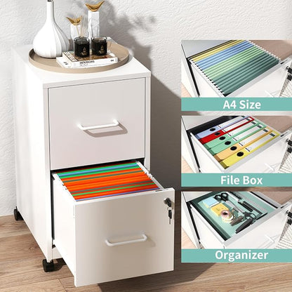 AQY 2 Drawer Mobile File Cabinet with Lock, Rolling Metal Filing Cabinets for Home Office, Vertical File Cabinet on Wheels, Small White File Storage Cabinets for Legal/Letter/A4 Files Assembly Require