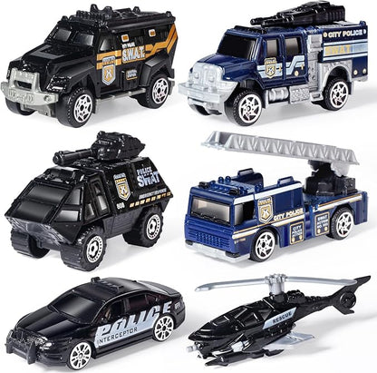 Oriate 6 Pack 1/64 Die-cast SWAT Police Cake Topper Kids Cars Boy Toys Set, Mini Cop Toy Car, Helicopter, Rescue Truck, Military Vehicles Toys, Birthday Gift for 3-5 Year Old Boys Girls