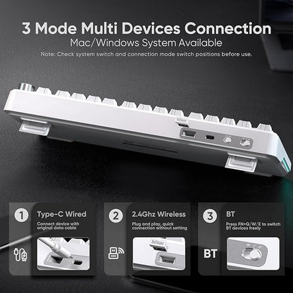 RedThunder K75 Wireless Mechanical Keyboard, CNC Knob, Tri-Mode BT5.0/2.4GHz/USB-C Hot Swappable Custom, Pre-lubed Linear Coconut Switches, Gasket Structure, RGB Gaming Keyboard, White Contour Lines