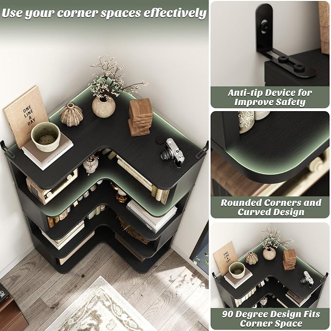 Armocity Corner Book Shelf - 5 Tier Corner Bookshelf Etagere Bookcase with Baffle, Freestanding L Shaped Display Shelf Stand for Home Office, Living Room, Bedroom, Kitchen, Black