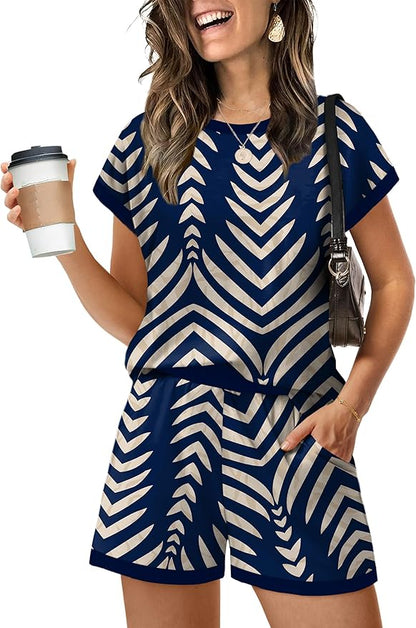 WIHOLL Two Piece Sets for Women Summer Lounge Short Sets Cap Sleeve Crew Neck Sweatsuit with Pocket XS-2XL