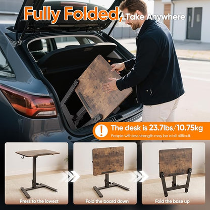 Monomi 25“ Mobile Folding Desk,Pneumatic Sit-Stand Table,No Assembly,Brown