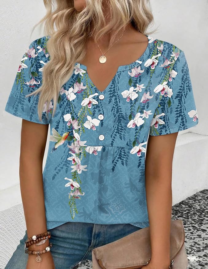 Zeagoo Womens Short Sleeve Tops Summer Henley V-Neck Tshirts Casual Pleated Blouse Dressy Loose Floral Basic Tee
