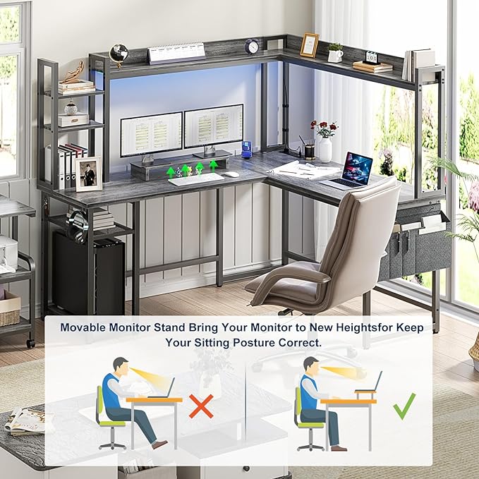 Aheaplus L Shaped Desk with Power Outlet, L Shaped Gaming Desk with Led Light & Hutch, Reversible Home Office Desk, Corner Computer Desk Writing Desk with Monitor Stand & Storage Shelves, Grey Oak