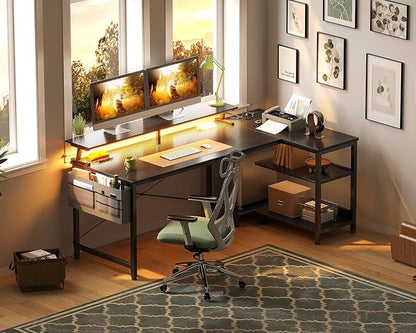 ODK 58 Inch L Shaped Gaming Desk with LED Lights, Power Outlets, Black | Adjustable Monitor Stand, Open Storage Shelves, Hanging Side Bag, PC Tower Stand, Reversible Layout for Gaming