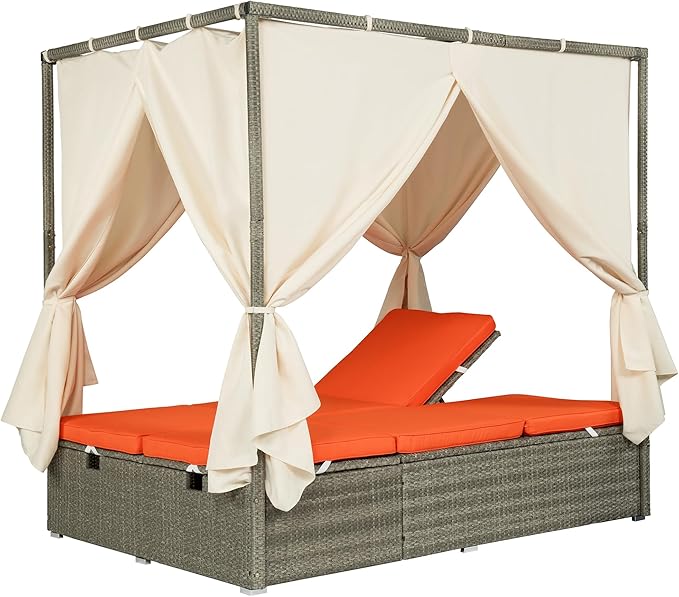 Patio Chaise Lounge, Gray PE Rattan Outdoor Patio Wicker Sunbed Daybed with Adjustable Seats, Four-sided Canopy, Overhead Curtain and Orange Cushion for Backyard, Garden, Poolside (for 2-6 people)