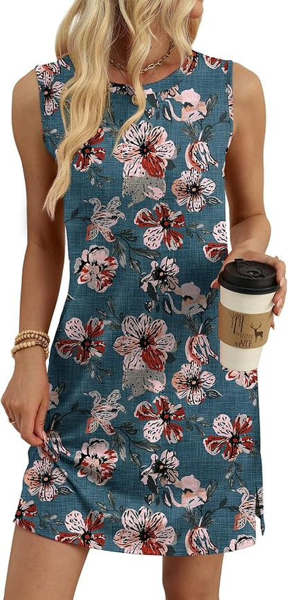 WIHOLL Casual Dresses for Women Crewneck Sleeveless Tank Dress Summer Spring Boho Vacation Clothes