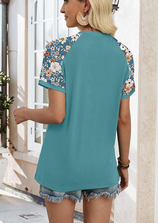 WIHOLL Womens Summer Tops Color Block Short Sleeve Raglan Shirts Spring Fashion Clothes Vacation Outfits