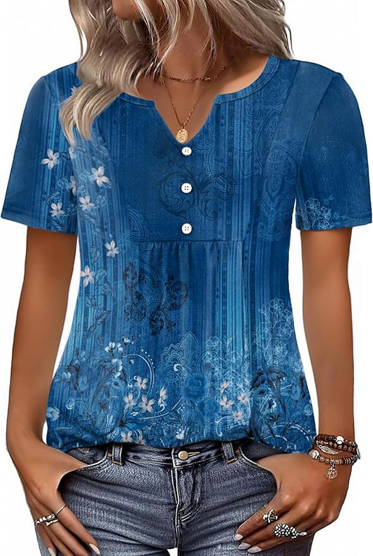 Zeagoo Womens Short Sleeve Tops Summer Henley V-Neck Tshirts Casual Pleated Blouse Dressy Loose Floral Basic Tee