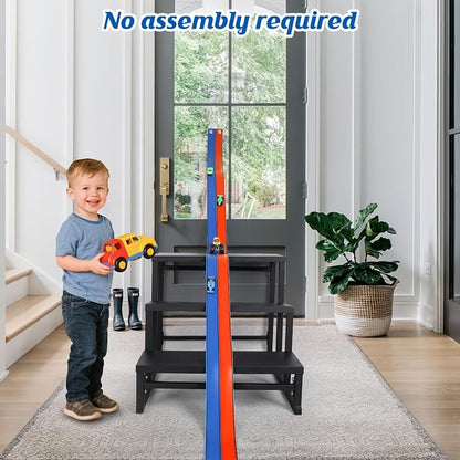 Flexible Race Car Track 15 Ft Starter Set with Suction Cups Compatible with Diecast 1/64th Car for Ages 3 & Up Classic Blue and Red Double Track Long Rolls Up Portable Racetrack