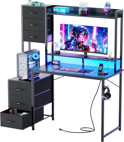 MUTUN 47 Inch Computer Gaming Desk with Hutch Power Outlet and LED Strip, Home Office Work Study Writing Desk with 6 Fabric Drawers and Storage for Bedroom, Escritorios para Computadoras, Black
