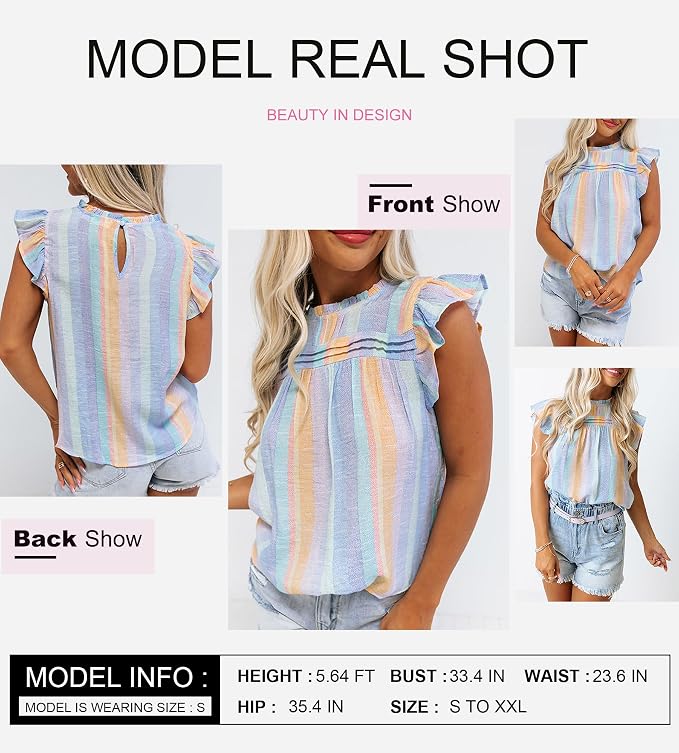 SHEWIN Womens Summer Crewneck Tank Tops Casual Ruffle Sleeveless Tops Shirts