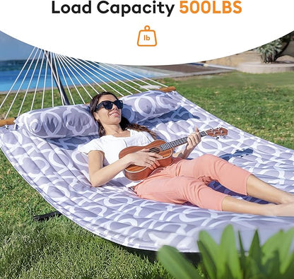 Double Hammock with Spreader Bar,Soft Pillow,Max Load 500lbs,Portable Hammock for Outdoor,Camping,and Backyard,White Gray