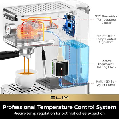 CHULUX Slim Espresso Machine with Milk Frother for Home Cappuccino & Latte | Precise Pressure Gauge, Food-Grade Materials, 20 Bar Italian Pump, Professional Temperature Control System, Stainless Steel