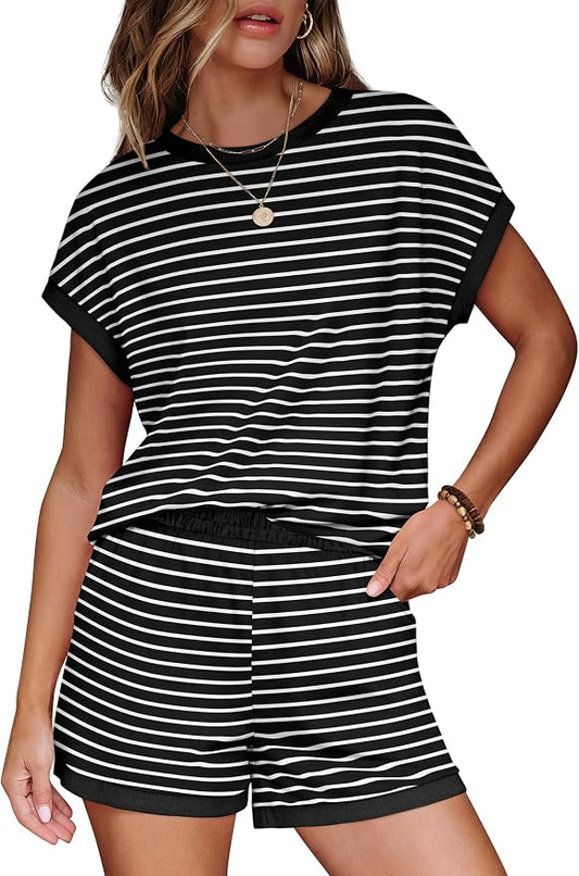 WIHOLL Two Piece Sets for Women Summer Lounge Short Sets Cap Sleeve Crew Neck Sweatsuit with Pocket XS-2XL
