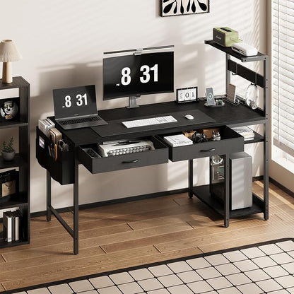 48 Inch Small Gaming Desk with Drawers & Led Lights & Storage Bag, Black | Reversible Storage Shelf, Power Outlets, Wood Grain Gaming Table, Compact Computer Desk for Small Space, Bedroom, Home Office