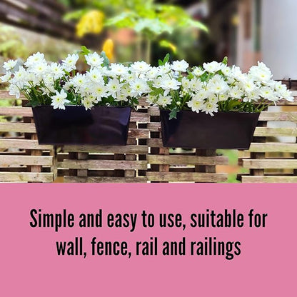 LaLaGreen Rail Planter Box (4 Pack, 16 Inch) Large Black Metal Hanging Flower Pots, Rectangle Outdoor Strawberry Plant Holder Window Balcony Deck Railing Fence Minimalist Farmhouse Countryside Style