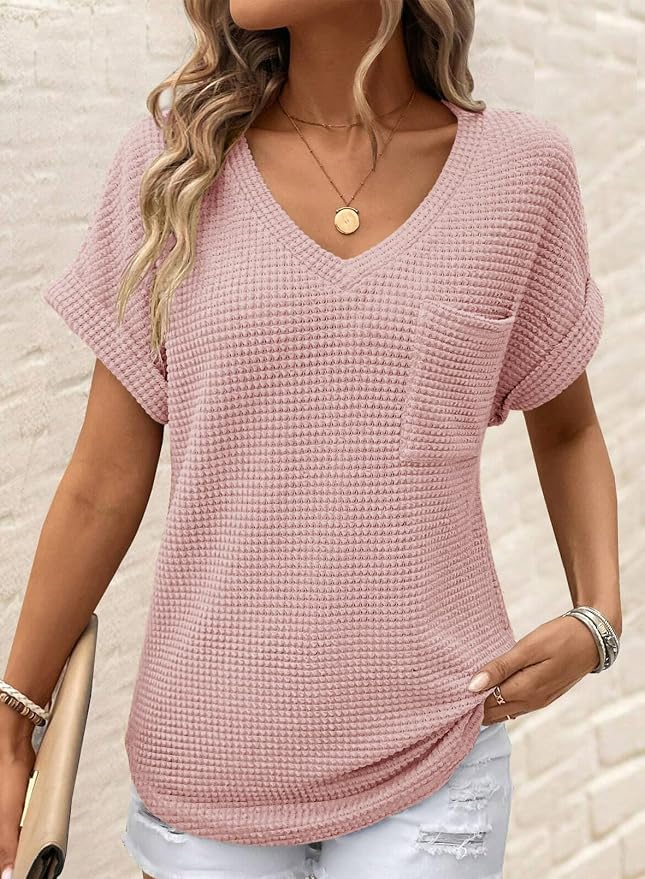 Dokotoo Womens Waffle Knit Tops 2026 Spring Summer V Neck Shirts Casual Trendy Women's Blouses Basic Tee