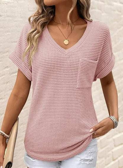 Dokotoo Womens Waffle Knit Tops 2026 Spring Summer V Neck Shirts Casual Trendy Women's Blouses Basic Tee