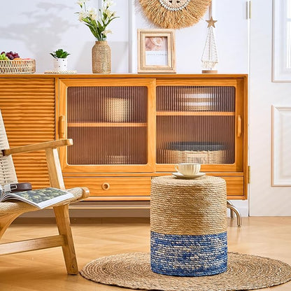 Wimarsbon Natural Seagrass Foot Stool, Hand Weaving Round Ottoman, for Living Room, Outdoor Seat (Natural & Blue)