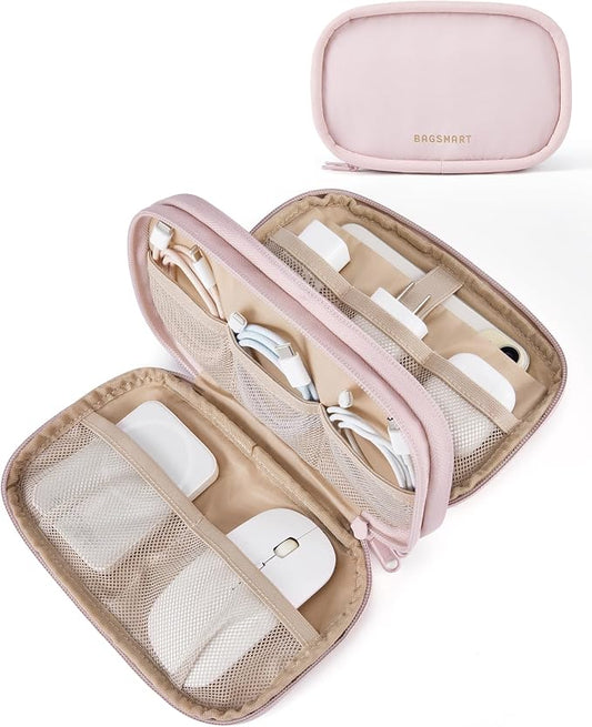 BAGSMART Cord Organizer Travel Cable Bag, Compact Tech Electronic Organizer Travel Case, Essentials for Charger, Cable, Phone, Flash drive, Double Layers (Pink)