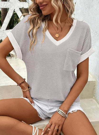 Dokotoo Womens Waffle Knit Tops 2026 Spring Summer V Neck Shirts Casual Trendy Women's Blouses Basic Tee