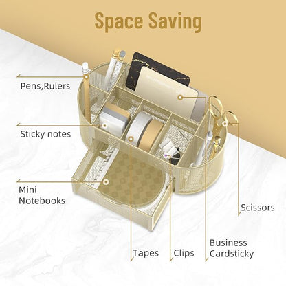 SUPEASY Mesh Desk Organizer, Desk Accessories & Workspace Organizers with Drawers, Pencil Holder for Desk with 9 Compartments for Office Suppliess, 8.6 x 4.3 x 4.1 Inch, Yellow | Pull-Out Drawer Stores Pens, Pencils, Clips, Notes, and Small Office or S...