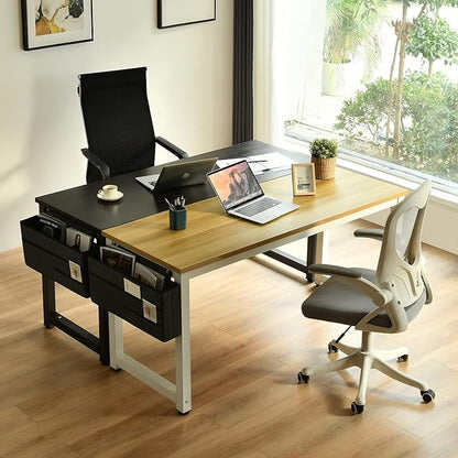 Computer Desk - 63 Inch Large Home Office Desk Wood Study Writing Table Workstation Storage Bag Headphone Hooks Simple Gaming Desk Rustic White/Walnut
