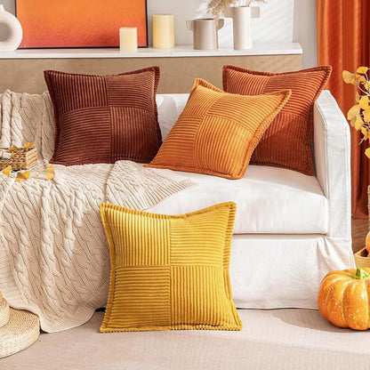 MIULEE Fall Dark Rust Decorative Lumbar Throw Pillow Covers for Couch Bed Livingroom 12x20 Inch Set of 2 Boho Accent Throw Pllows Broadside Striped Patchwork Soft Corduroy Pillowcases, Terracotta