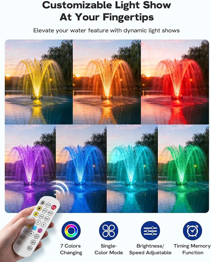 Antfraer Floating Pond Fountain with RGB LED Lights, 1200GPH Pond Fountain for Large Ponds, Remote Control Pond Aerator with 3 Spray Patterns for Water Gardens, Fish Pool & Lakes, 18 Inch Float