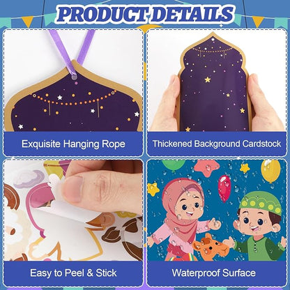 PAIVSUN 24Pcs Ramadan Crafts for Kids, Make You Own Eid Mubarak and Ramadan Kareem Craft Kit, DIY Mosque Scene Religious Sticker Activities Hanging Ornaments for Classroom Party Favor Supplies