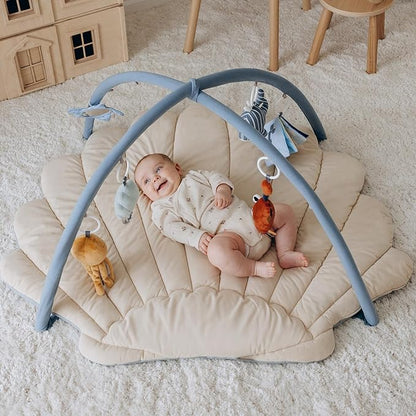 Blissful Diary Shell Baby Play Gym Mat, Softer & Enlarged Tummy Time Mat w 6 Detachable Toys for Sensory & Motor Skill Development, Activity Mat for Newborn Essentials Shower Gift, Boho Ocean Theme