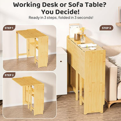 Bamboo Folding Desk for Small Spaces, Small Computer Foldable Desk, Natural | Space Saving Desk for Bedroom Home Office, Mid Century Sofa Table for Couch, Writing Work Office Desk