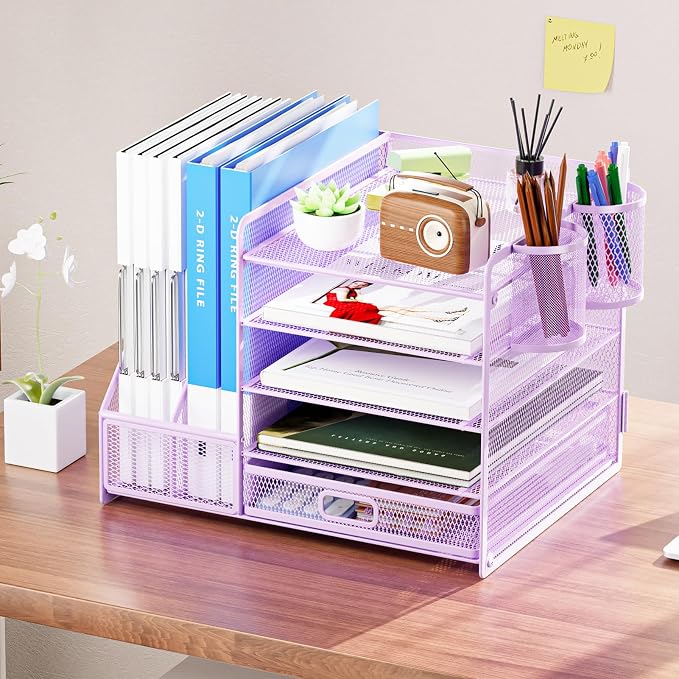 Marbrasse Desk Organizer with File Holder, 5-Tier Paper Letter Tray Organizer with Drawer and 2 Pen Holder, Mesh Desktop Organizer and Storage with Magazine Holder for Office Supplies(Purple)