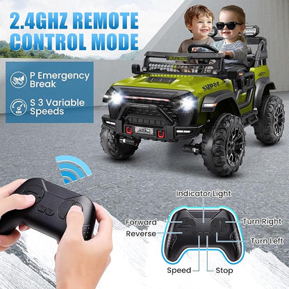 Hikole 24v Kids Ride on Car with 20" Width Seat, 2 Seater Battery Powered Electric Car, 4x100W Motor, Remote Control, 24 Volt Ride on Toy for Boys Girls, Green