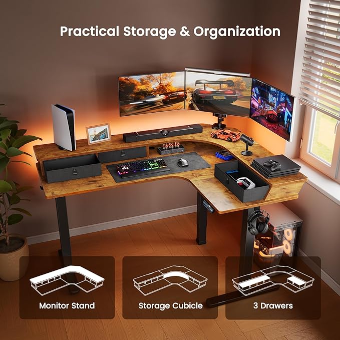 ErGear 65″ L Shaped Standing Desk for Gaming, [3 Drawers & 2 Cable Management Trays] Corner Stand up Desk w/Monitor Shelf Height Adjustable for Home Office, Vintage Brown