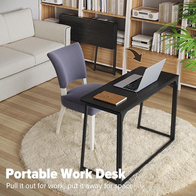 WOHOMO Folding Desk, 39.4" Foldable Computer Table for Small Spaces, Black | Easy Assembly and Fold, Sturdy Home office desks for Study Bedroom Dorm Space Saving Writing Work Apartment
