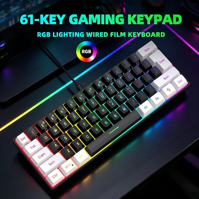 Snpurdiri 60% Wired Gaming Keyboard, Small RGB Backlit Membrane Gaming Keyboard, Ultra-Compact Mini Waterproof Keyboard for PC Computer Gamer White and Black | Backlit Small Membrane Gaming Keyboard for PC Computer Gamer