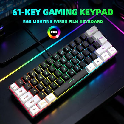 Snpurdiri 60% Wired Gaming Keyboard, Small RGB Backlit Membrane Gaming Keyboard, Ultra-Compact Mini Waterproof Keyboard for PC Computer Gamer White and Black | Backlit Small Membrane Gaming Keyboard for PC Computer Gamer