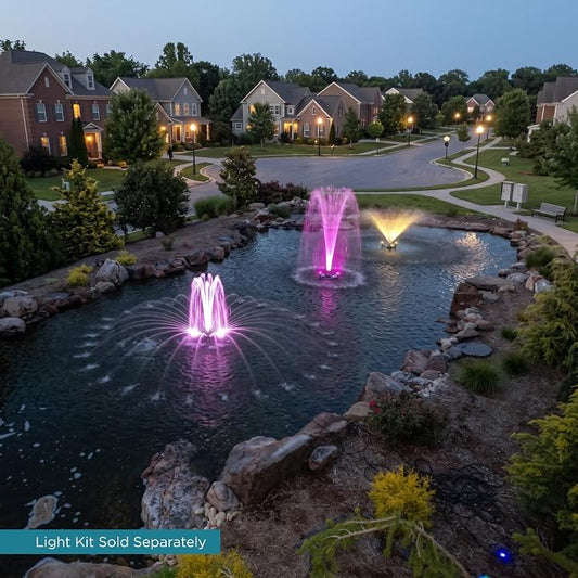 1.5 HP Floating Fountain & Aerator, 12,500 GPH, 11 Patterns, 200 Ft Cord | Plug and play on standard 120V GFCI outlet, 36 in float, quick release nozzle, two 25 ft mooring ropes, 960 watt motor