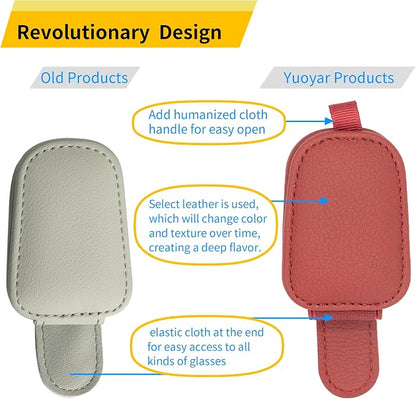 Yuoyar Magnetic Leather Sunglasses Holder for Car, 2 Packs (Red) | Magnetic Car Visor Accessories