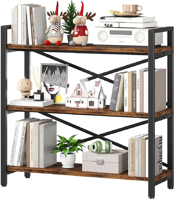 3 Tier Bookshelf 31.49" Width, Wood and Metal Etagere Bookcase, Vintage Farmhouse Modern Wooden Big Book Shelf for Home Living Room Bedroom Office Storage(Rustic Brown)