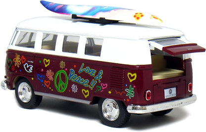 KiNSMART 1962 Volkswagen Classic Bus 1:32 Scale 5" Die Cast Metal Model Toy Van Pullback Acation (4 Set Surfboard Flower Power)