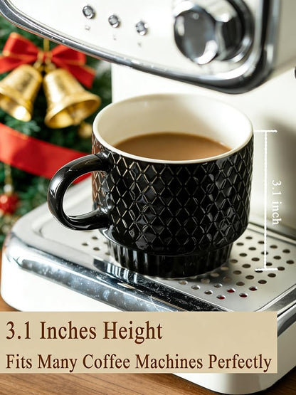 Gomakren Coffee Mugs Set of 4, 13oz Stackable Coffee Cups with Stand, Black | Gloss Embossed Stoneware, Gold Rack & Spoons | for Coffee, Milk, Tea, Cocoa, Daily & Gifting Use | Microwave/Dishwasher Safe